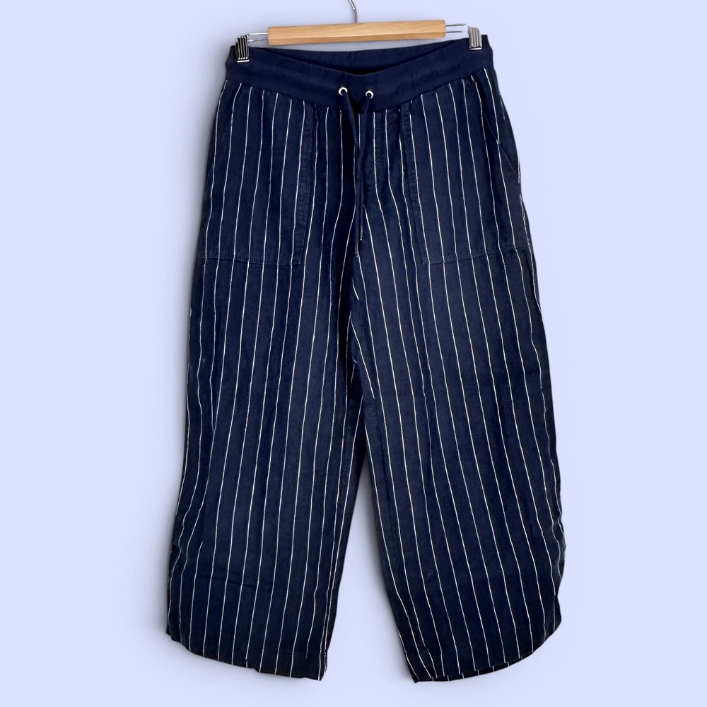 Athleta Womens Navy Pinstripe 100% Linen Wide Leg Crop Pants Size 4 Drawstring